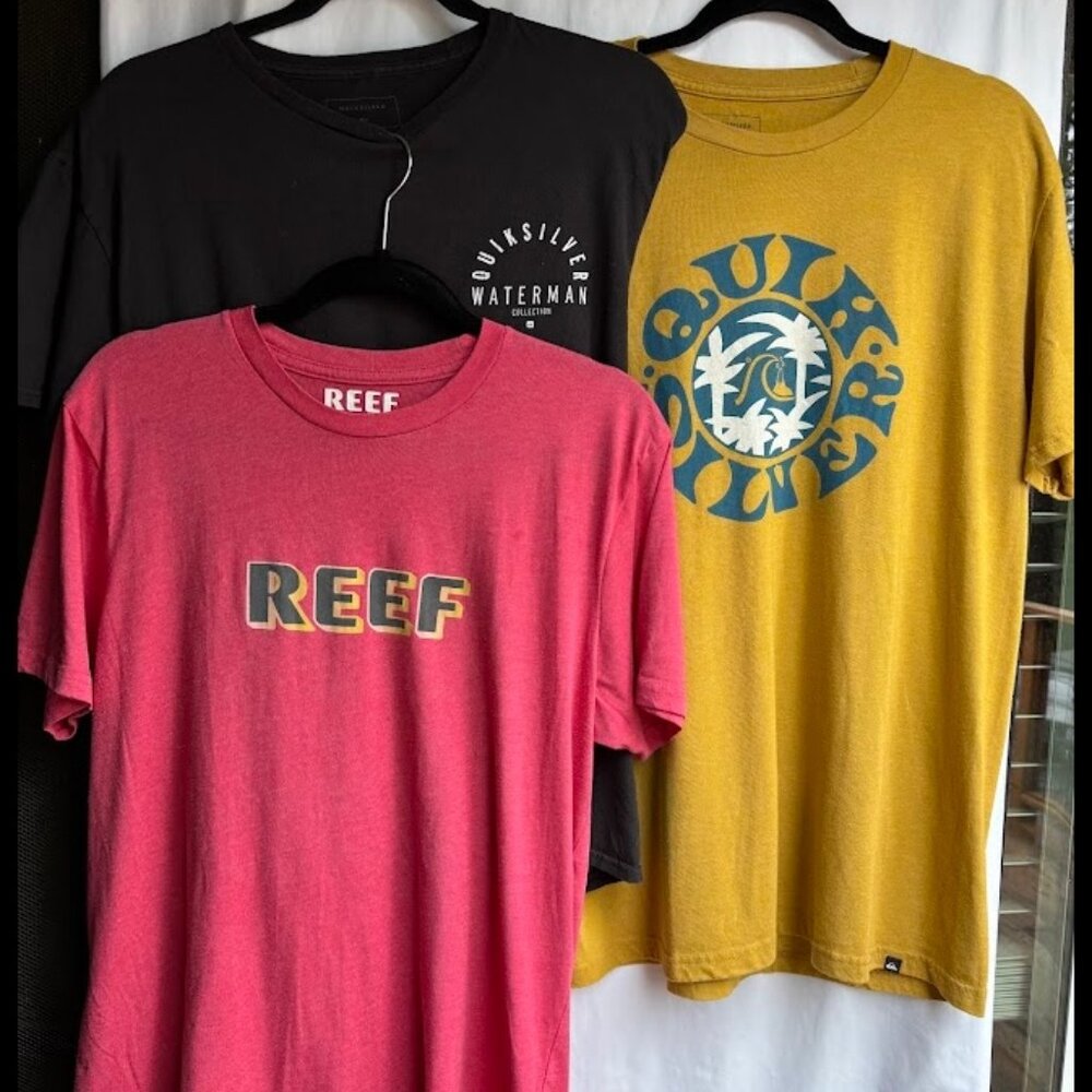 Men’s Surf Shirt Trio Bundle Size L – 2 Quiksilver + Reef Graphic Tees